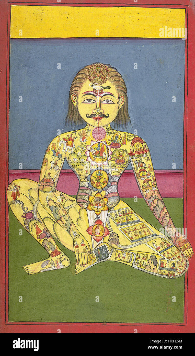 *Sapta Chakra* (1899) ist ein Ölgemälde, das die spirituelle und kulturelle Symbolik der sieben Chakren erforscht. Das Kunstwerk spiegelt die hinduistische Philosophie wider und repräsentiert die Ausrichtung der Energiezentren innerhalb des Körpers. Das detailgetreue Gemälde ist eine visuelle Darstellung der Chakren, die jeweils einen anderen Aspekt des menschlichen Bewusstseins und der Spiritualität symbolisieren. Stockfoto
