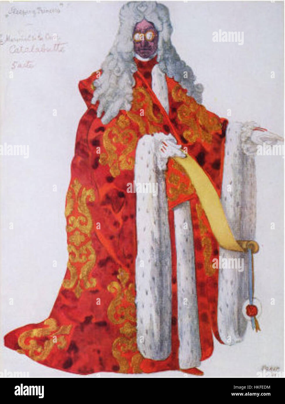 Dieses Kunstwerk von Léon Bakst mit dem Titel *Dornröschen* ist ein kompliziertes Design für das berühmte Ballett und zeigt seinen unverwechselbaren Stil in Bühnendesign und Kostümillustrationen, insbesondere für die russischen Ballettproduktionen. Stockfoto