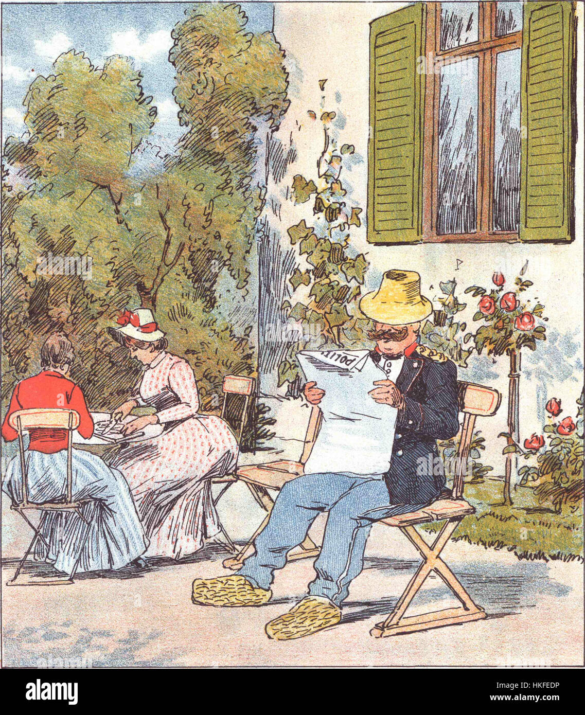 Ein historisches Gemälde mit dem Titel „Sjuskommandanten hviler“, das einen Militärkommandanten in Ruhe zeigt, das in einem detaillierten Ölwerk aus der Vergangenheit festgehalten wird. Stockfoto