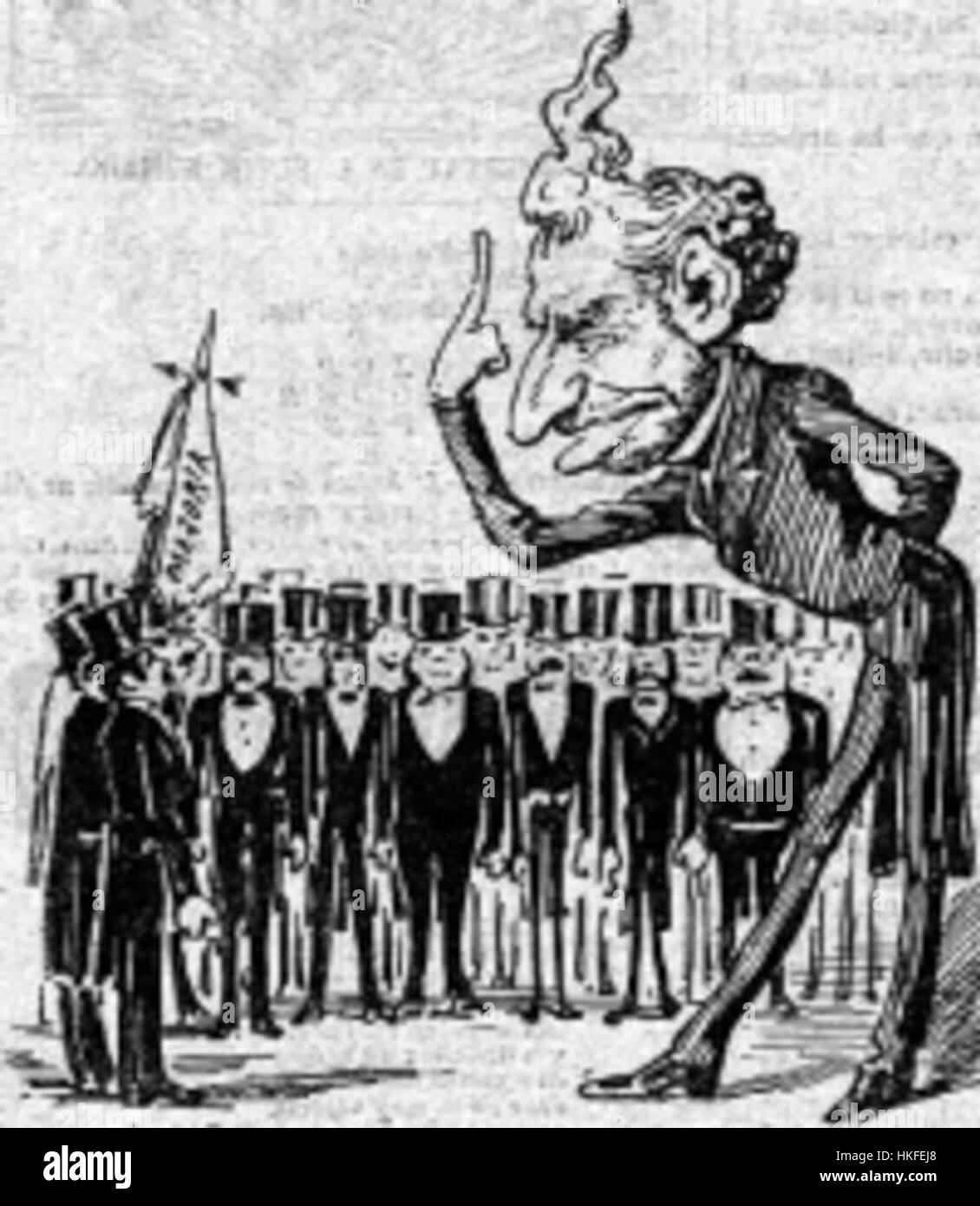 Diese Karikatur zeigt den spanischen politischen Führer Sagasta, der sein Gleichnis mit übertriebenen Merkmalen einfängt, die typisch für politische Satire sind. Das Bild spiegelt die europäische Tradition des 19. Jahrhunderts wider, mit Karikaturen öffentliche Persönlichkeiten zu kommentieren. Stockfoto