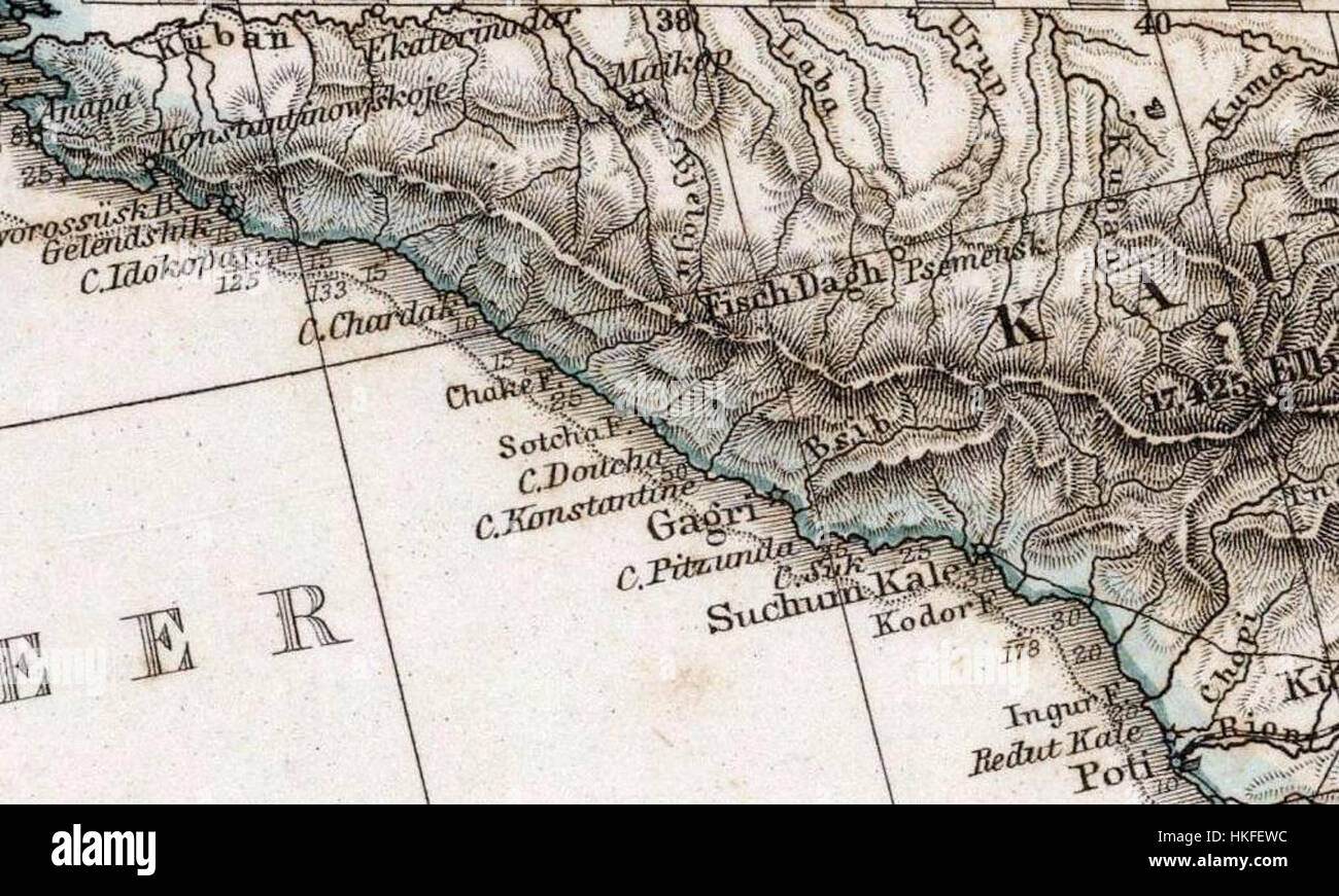 Dieses Gemälde von Adolf Stieler aus dem Jahr 1875 mit dem Titel „das Mittellandische Meer und Nord Afrika“ zeigt das Mittelmeer und Nordafrika. Es ist ein Beispiel für europäische Landschaftskunst des 19. Jahrhunderts und zeigt die Topographie der Region mit historischer Genauigkeit. Stockfoto