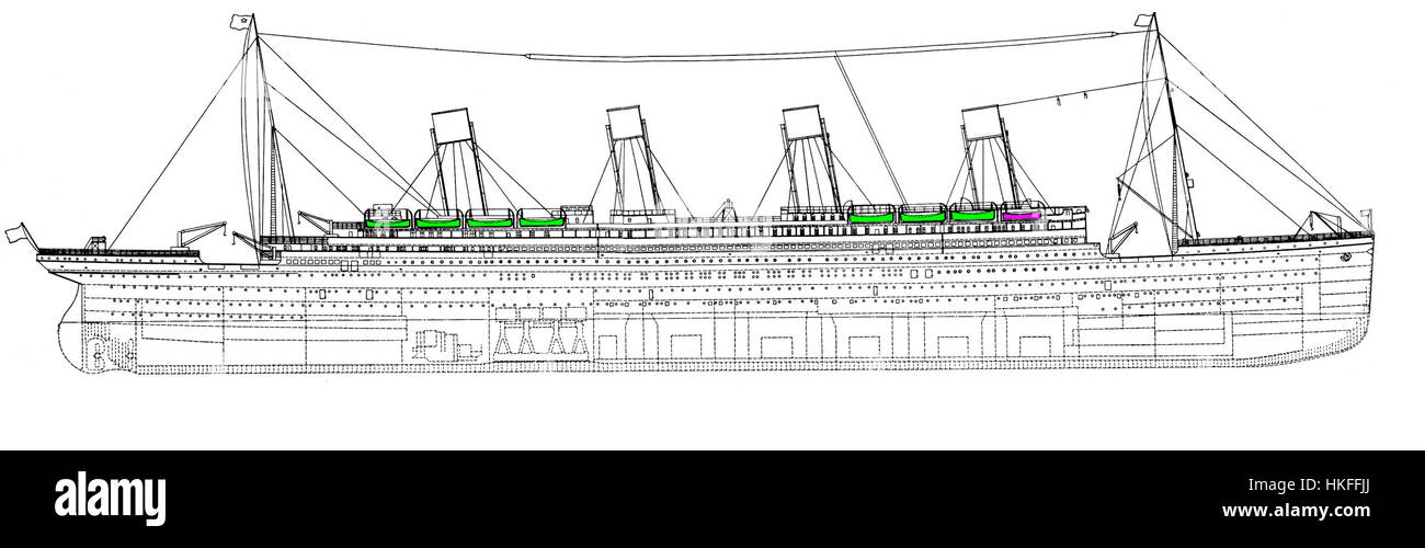 Titanic Seite Plan mit Rettungsbooten Stockfoto