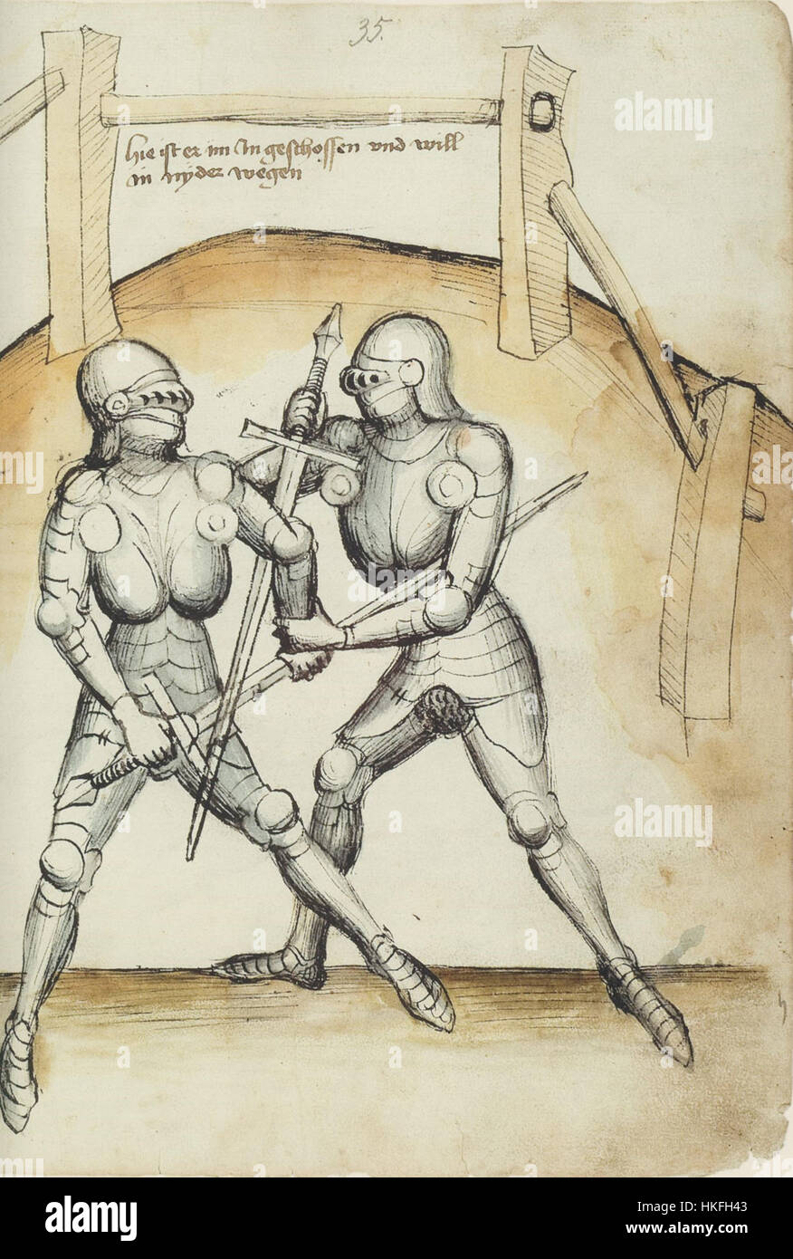 Diese Seite aus dem Manuskript MS XIX.17 zeigt komplexe mittelalterliche Kunst und Kalligraphie. Die Seite bietet einen Einblick in die Skript- und Illustrationstechniken, die von Schriftgelehrten im 15. Jahrhundert verwendet wurden. Stockfoto