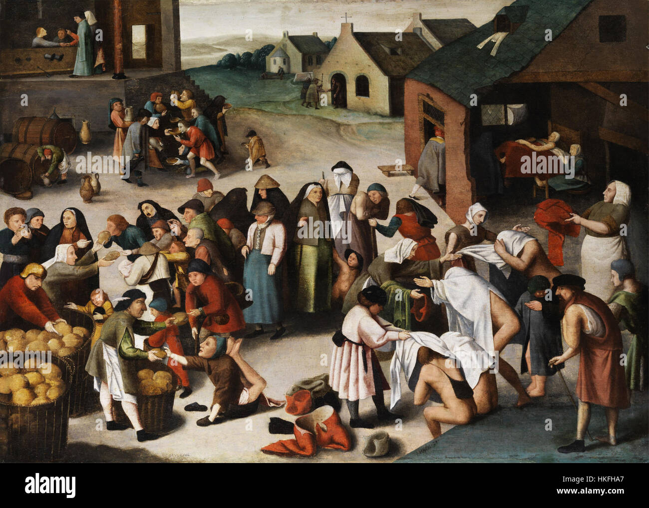 Werke der Barmherzigkeit eines Künstlers im Stil von Pieter Bruegel dem Älteren schildert Barmherzigkeit und Wohltätigkeit, ein zentrales Thema der flämischen Renaissance-Kunst. Das Gemälde spiegelt die moralischen Lehren der Zeit wider. Stockfoto Werke der Barmherzigkeit eines Künstlers im Stil von Pieter Bruegel dem Älteren schildert Barmherzigkeit und Wohltätigkeit, ein zentrales Thema der flämischen Renaissance-Kunst. Das Gemälde spiegelt die moralischen Lehren der Zeit wider. Stockfoto