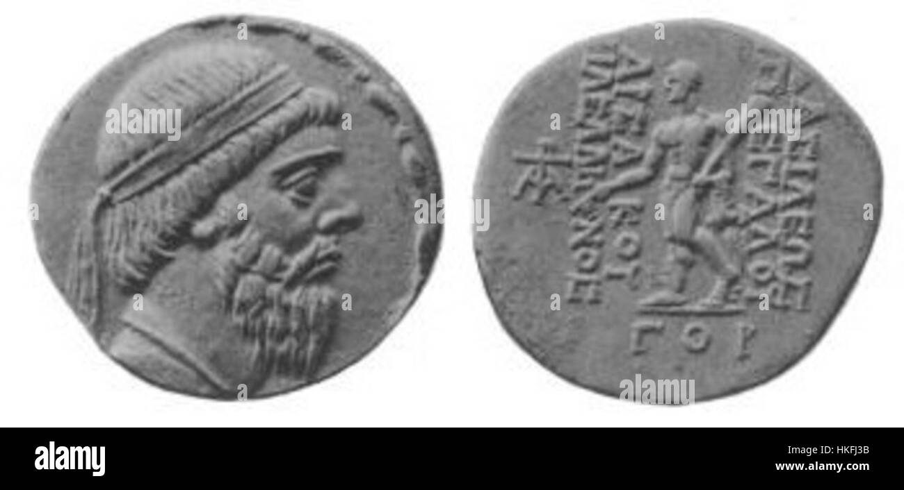 Dieses Kunstwerk zeigt Mithridates I., den Gründer des parthischen Reiches, und erfasst die herrschende Präsenz und Führung des alten Herrschers. Mithridates I spielte eine Schlüsselrolle bei der Errichtung der parthischen Dominanz im alten Nahen Osten. Stockfoto