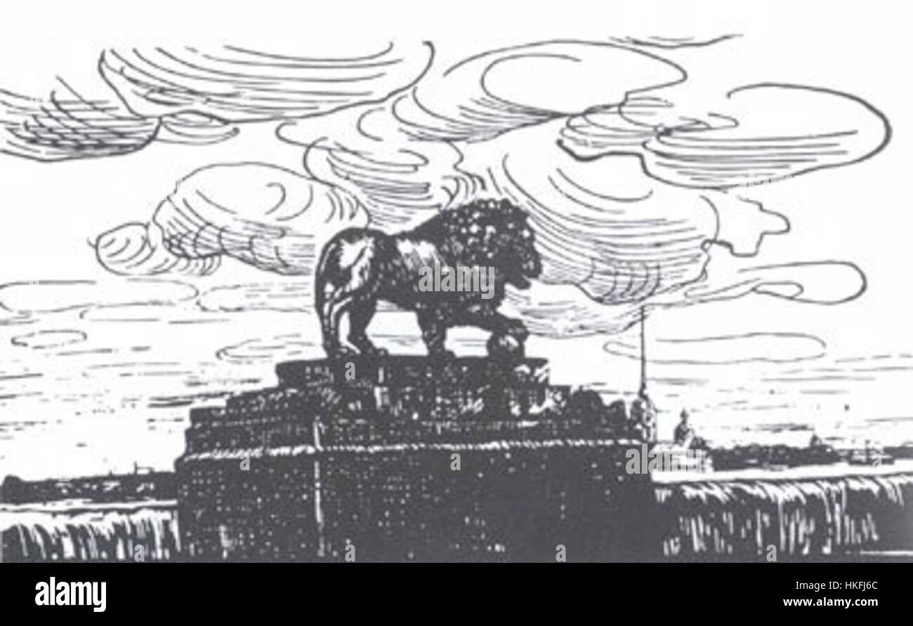 Eine Illustration von Ostroumova-Lebedeva, die einen Löwen vor der berühmten Bronze-Reiter-Statue, einem Symbol von St. Petersburg, darstellt. Das Stück fängt die Verschmelzung von Natur und monumentaler Kunst ein. Stockfoto