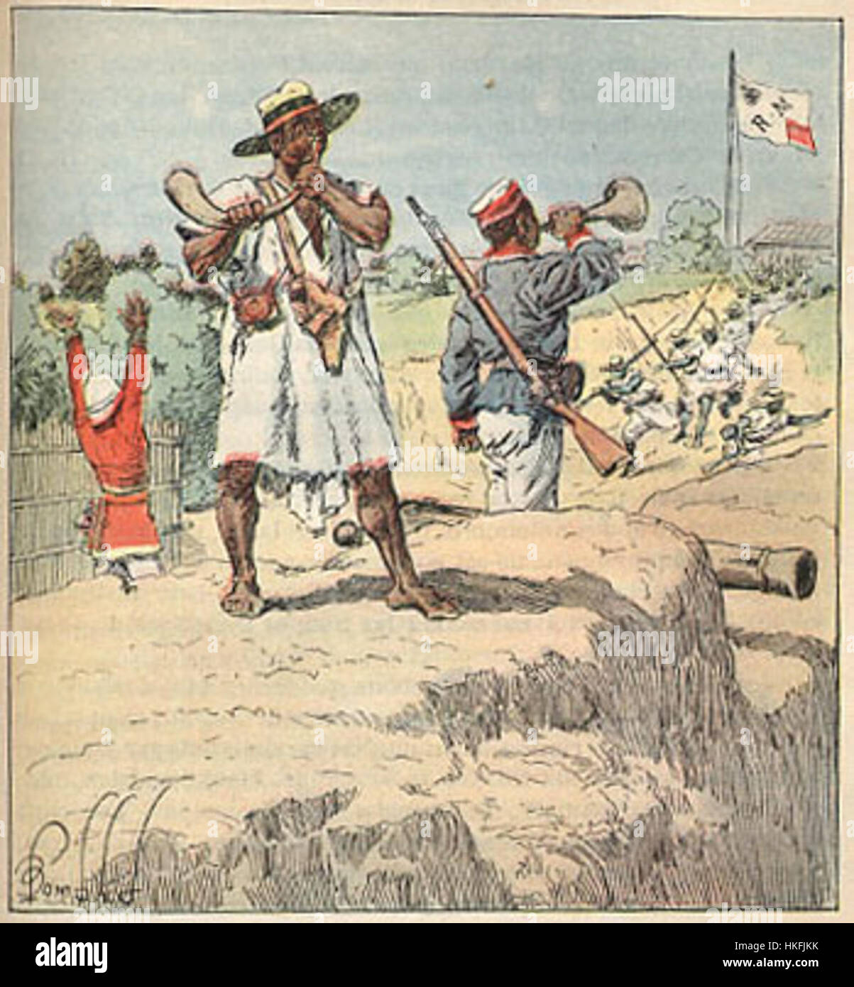 Dieses Kunstwerk aus dem 19. Jahrhundert von Henri Gallichet und Louis Charles Bombled zeigt, wie die Truppen der Merina während des Konflikts in Madagaskar im Jahr 1896 Alarm auslösten. Stockfoto