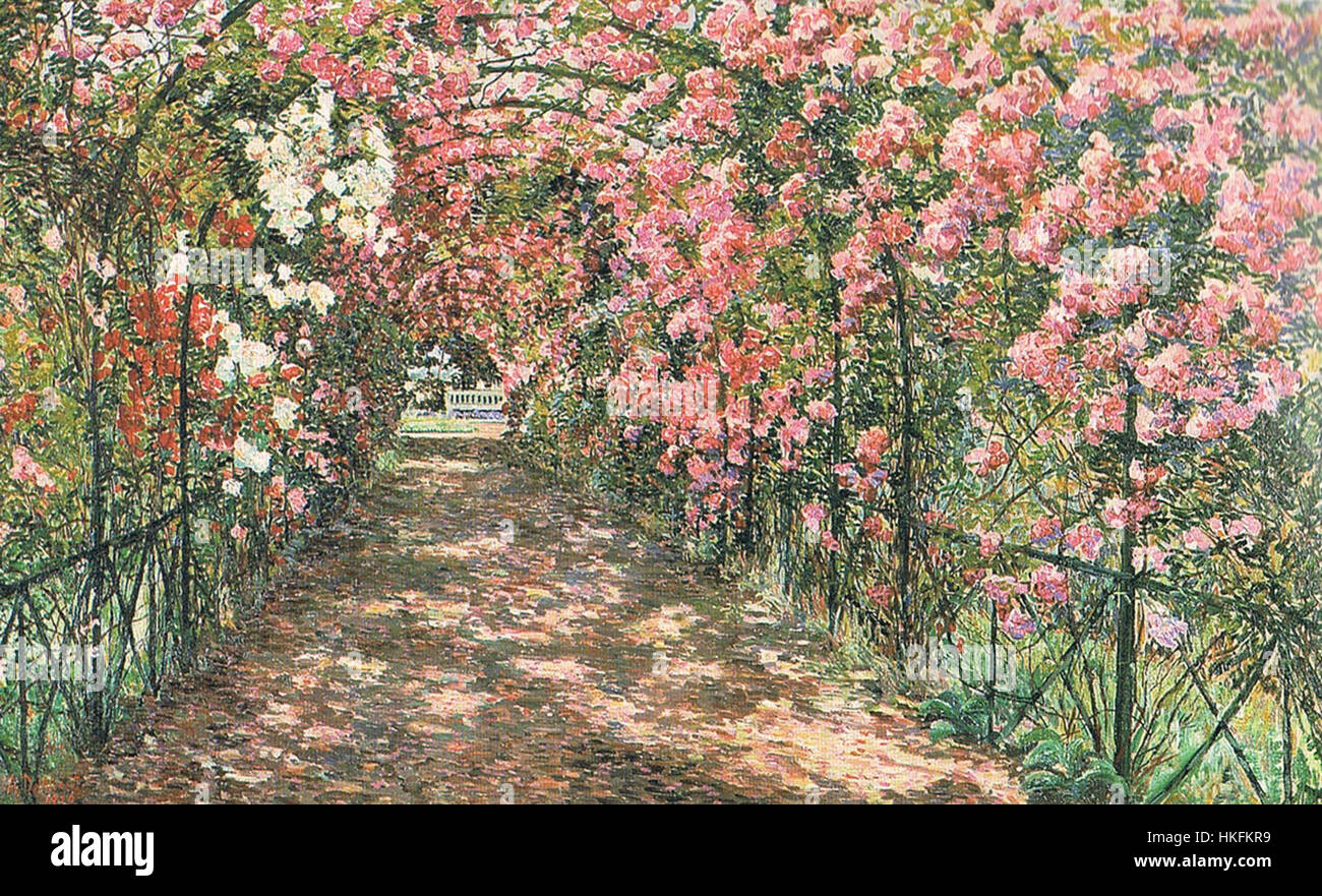 Anna de Weerts Gemälde *Tonnelle de Rosiers* zeigt eine wunderschöne, fließende Szene von Rosen, die über einem Spalier wachsen und die Schönheit der Natur und die Eleganz der Blumenkunst symbolisieren. Stockfoto