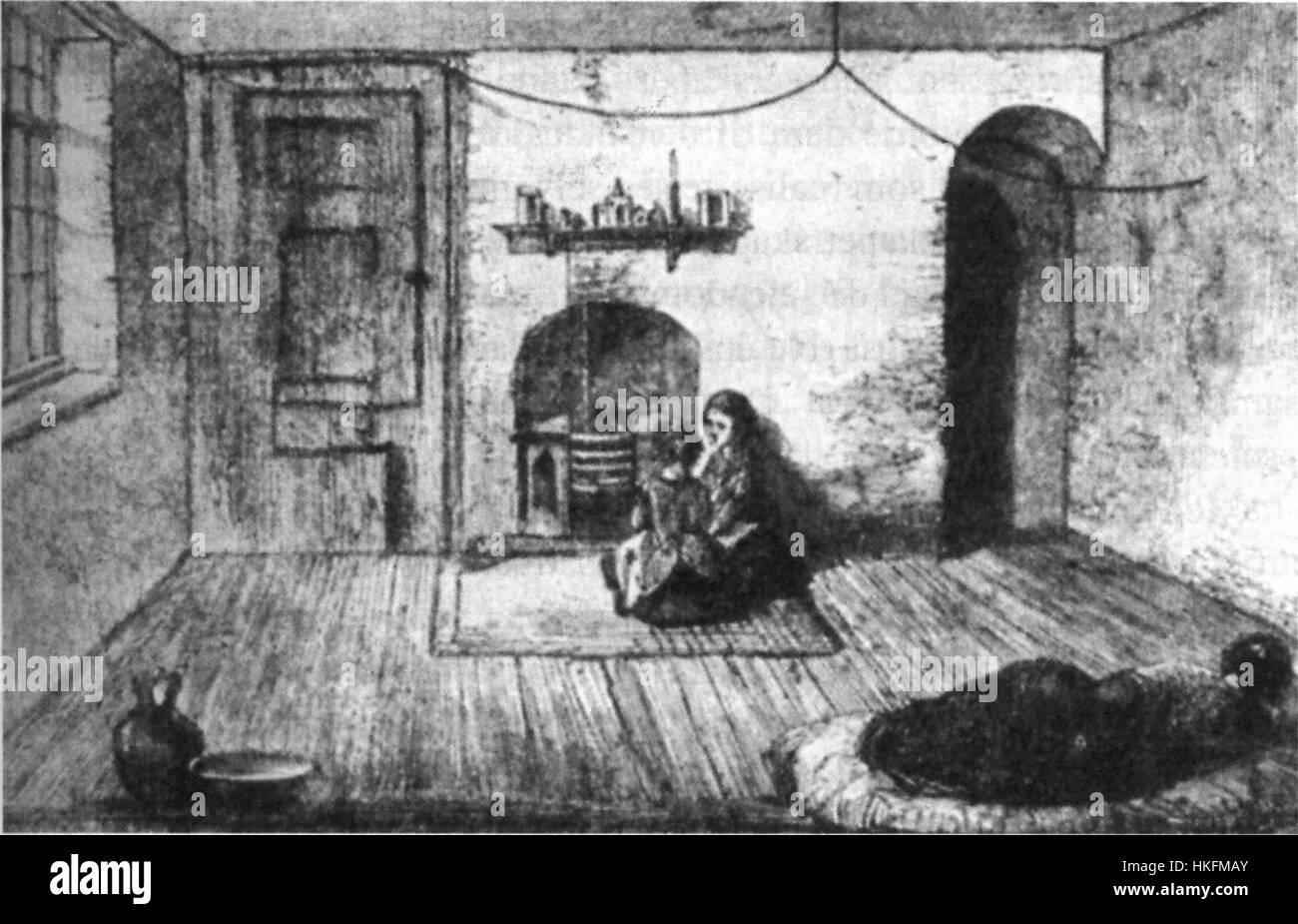 Dieses Gemälde zeigt das Innere einer Arbeiterwohnung in London und zeigt die bescheidenen Lebensbedingungen der Arbeiterfamilien während der viktorianischen Ära. Der Künstler fängt die Einfachheit und Funktionalität des Raumes ein und gewährt einen Einblick in das tägliche Leben der Arbeiter. Stockfoto