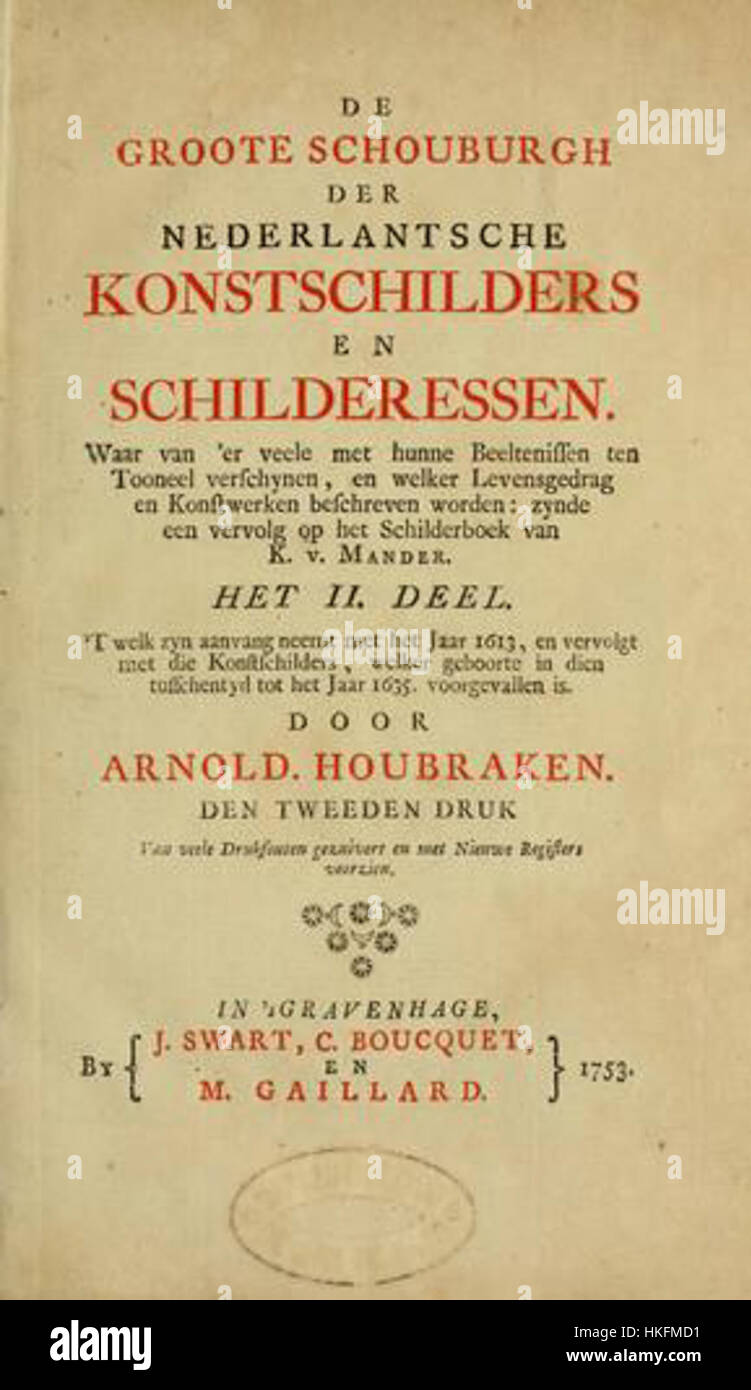 Die Titelseite von de Groote Schouburgh der Nederlantsche Konstschilders, einem Kunstbuch aus dem Jahr 1753 mit niederländischen Malern. Sie feiert die künstlerischen Leistungen niederländischer Maler im 17. Und 18. Jahrhundert. Stockfoto