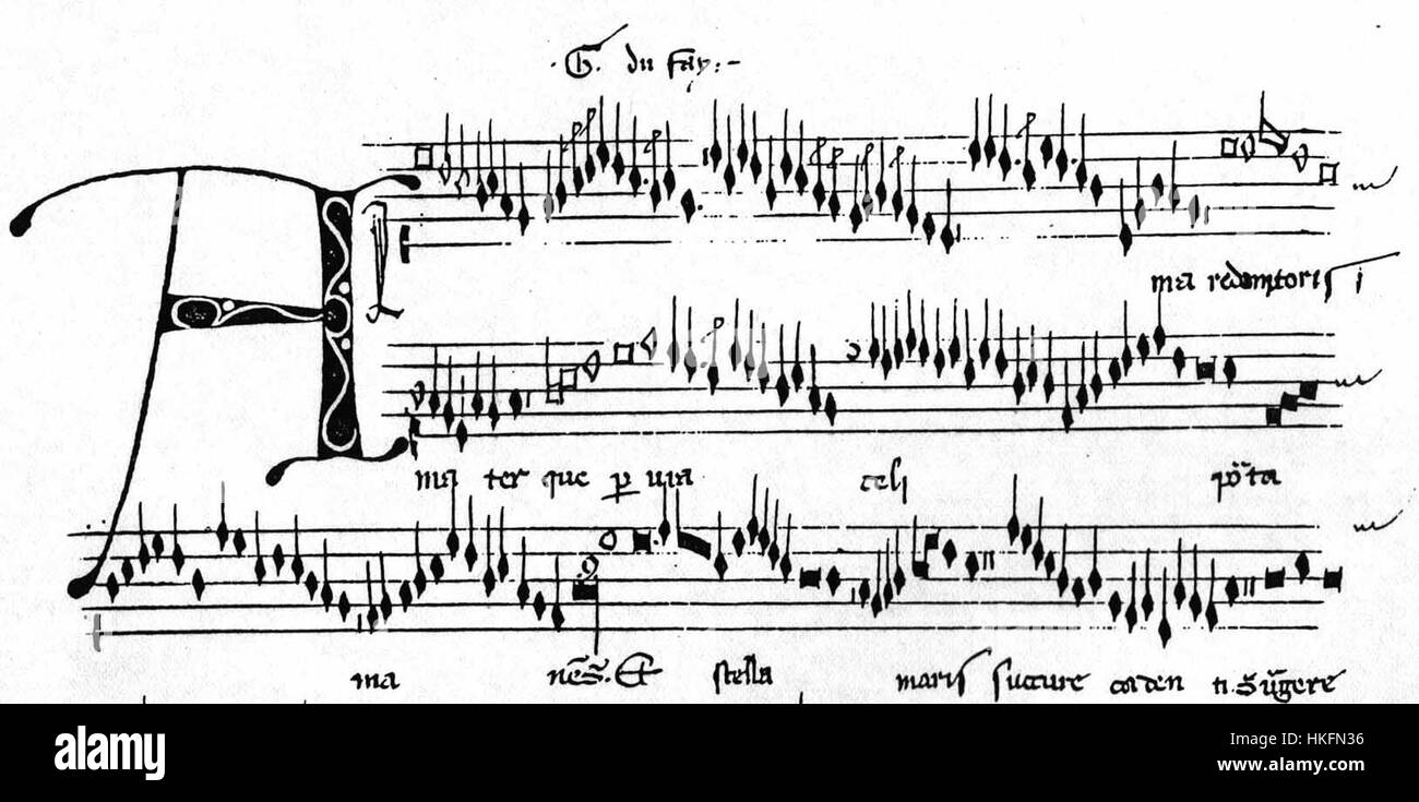 Guillaume Dufays „Custos001“ ist eine Komposition, die dem Komponisten zugeschrieben wird und die Musik der Renaissance widerspiegelt. Dufay, eine Schlüsselfigur der frühen Renaissance, schuf Werke, die die Entwicklung der westlichen Klassik beeinflussten. Stockfoto