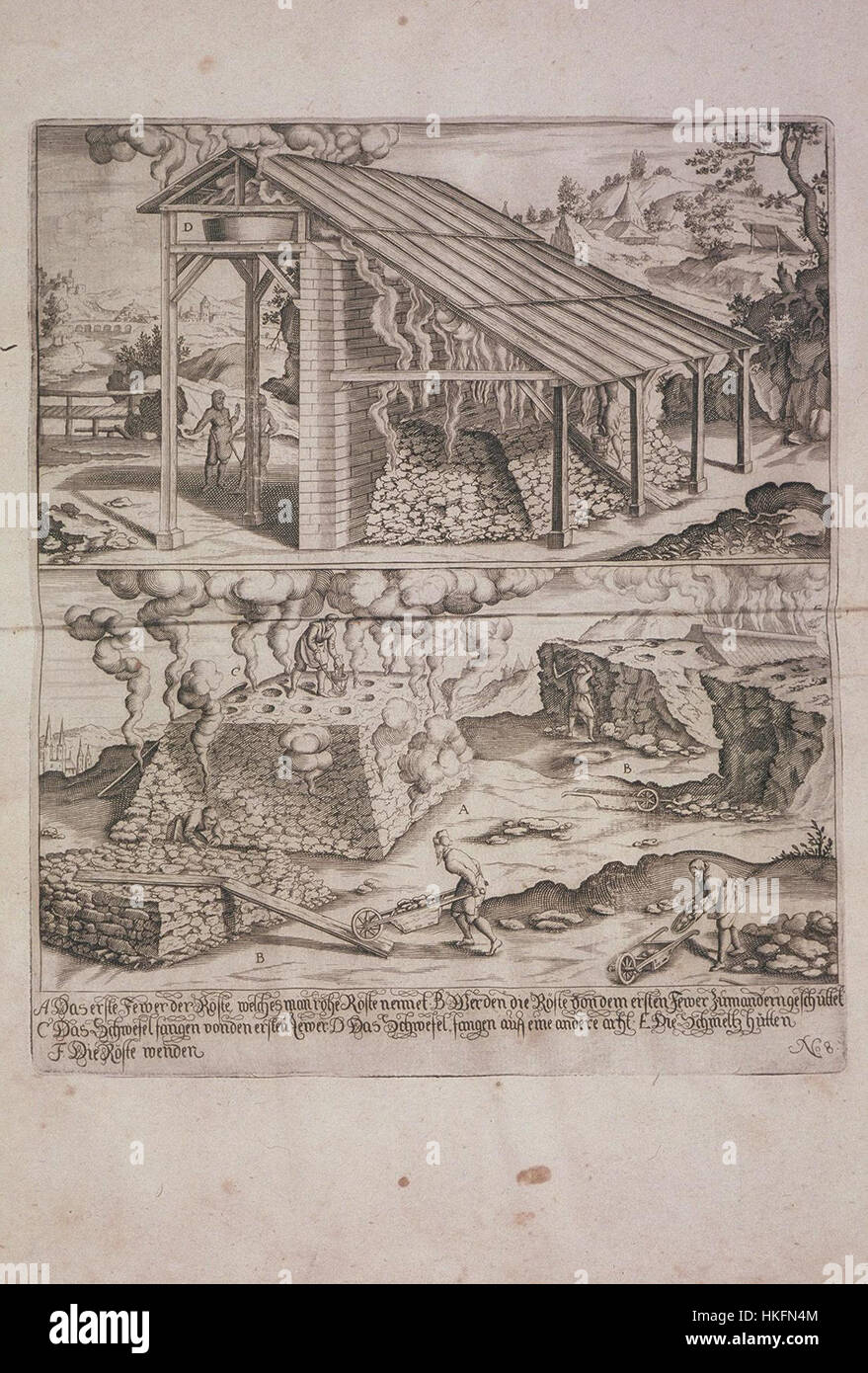 „Bericht vom Bergwerck“ von Loehneysen ist eine historische Illustration der Bergbaubetriebe. Das Bild bietet eine detaillierte Ansicht der Bergbautechniken des 18. Jahrhunderts und gibt Einblicke in die damaligen industriellen Praktiken. Stockfoto