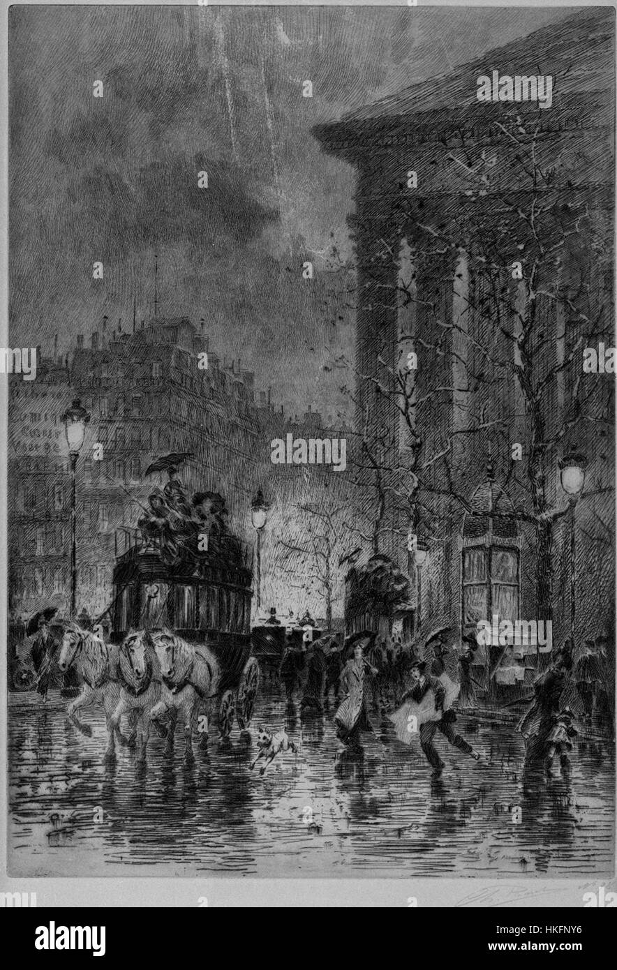 Der Place de la Madeleine in Paris ist ein historischer Platz, der für seine großartige Architektur und die Kirche La Madeleine bekannt ist. Dieses Kunstwerk fängt die architektonische Pracht und urbane Umgebung eines der berühmtesten Wahrzeichen von Paris ein. Stockfoto
