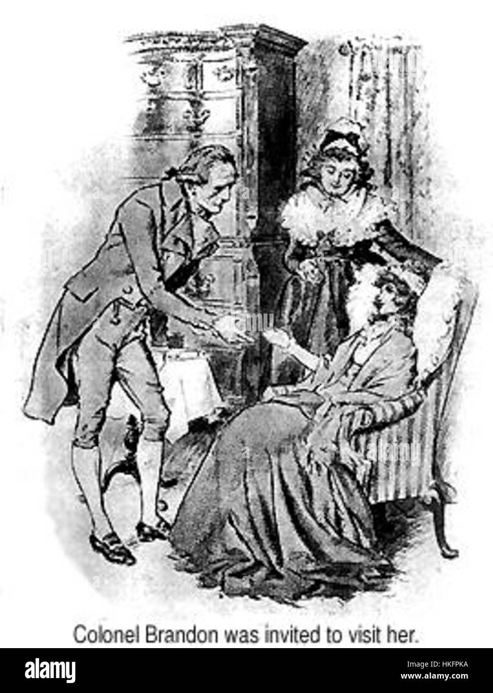 Diese Illustration aus Kapitel 46 von Jane Austens *Sense and Sensisibility* zeigt einen bedeutenden Moment im Roman, in dem die Charaktere einen Wendepunkt auf ihren emotionalen Reisen erleben. Das Bild fängt das Wesen von Austens Themen wie Liebe, Vernunft und gesellschaftliche Erwartungen während der Regency-Ära ein. Stockfoto