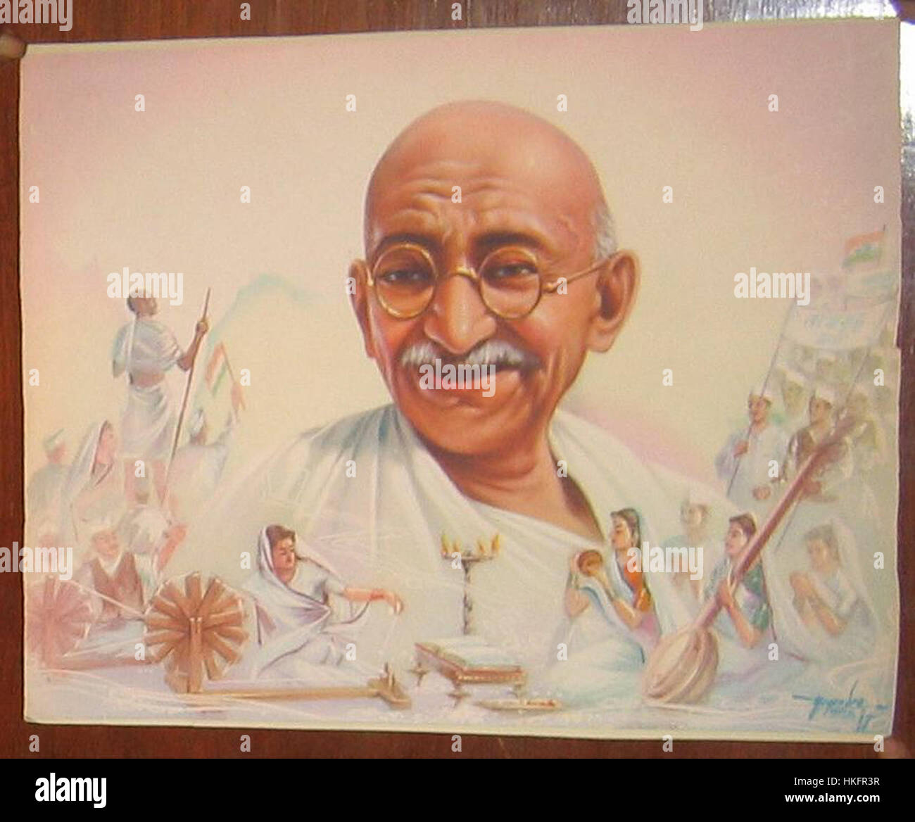 Mahatma Gandhi, ein indischer politischer und spiritueller Führer, ist in einem Kunstwerk dargestellt, das seinen mystischen, kulturellen und politischen Einfluss auf die indische Gesellschaft erforscht. Stockfoto