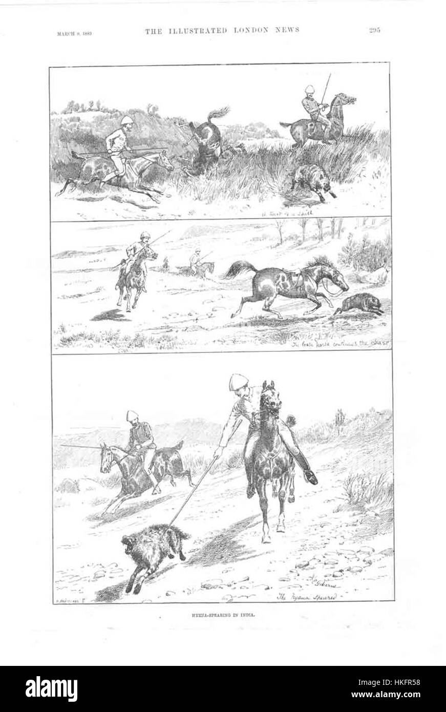 Das Kunstwerk „Hyenaspearing“ zeigt eine dramatische Szene von Hyänen, die von Jägern beschnitten werden. Diese lebendige Darstellung zeigt die gefährlichen und gewagten Jagdpraktiken in der afrikanischen Tierwelt und konzentriert sich auf die Interaktion zwischen Mensch und Wildnis. Stockfoto