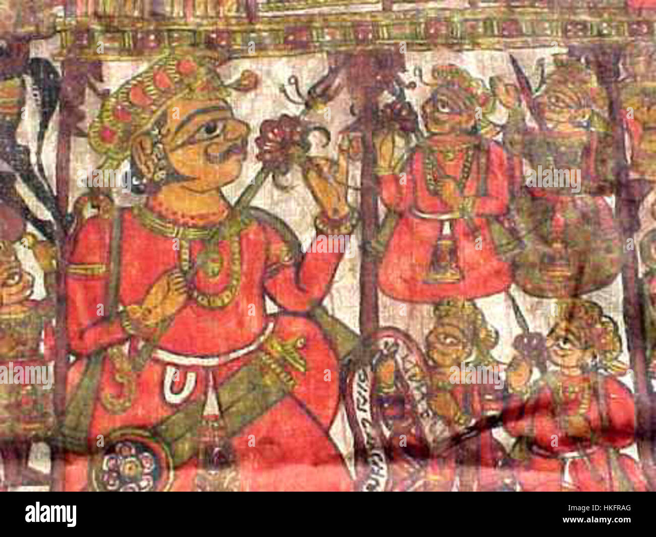Dieses Kunstwerk ist eine Darstellung von Pabuji, einem legendären Helden aus der Folklore von Rajasthan, Indien. Das Gemälde spiegelt die lebendige Kultur und mythologische Erzählungen der Region wider und veranschaulicht Pabujis heroische Reise und seine Verbindung zu den lokalen Traditionen und Gottheiten. Stockfoto