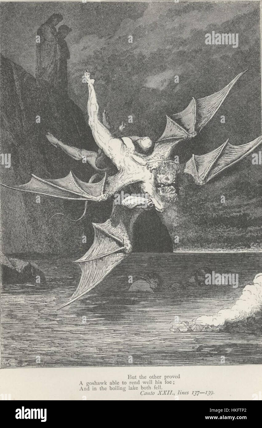 Die Verse 137-139 aus Dantes „Inferno“, Canto 22, beschreiben die Bestrafung der Heuchler in der Hölle. Dieser Teil des epischen Gedichts beleuchtet Dantes moralische und religiöse Themen durch lebendige Beschreibungen göttlicher Gerechtigkeit und des Leidens der Verdammten. Stockfoto