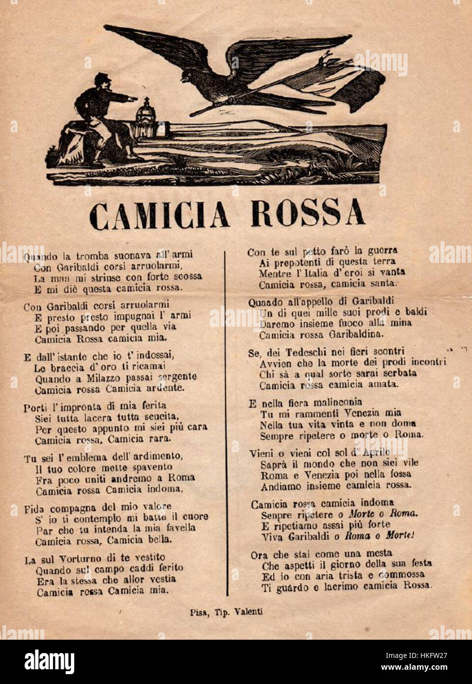 „Camicia rossa“ ist ein bemerkenswertes Kunstwerk, das oft mit historischen Themen Italiens in Verbindung gebracht wird und die politischen und militärischen Bewegungen dieser Zeit widerspiegelt. Das Gemälde verwendet kräftige Farben und ausdrucksstarke Formen, um seine Themen zu vermitteln. Stockfoto
