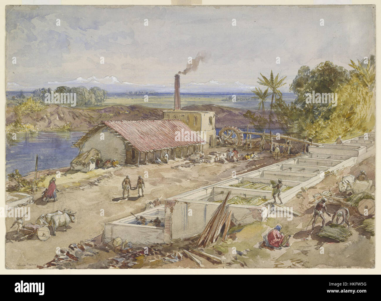 Die in diesem Kunstwerk dargestellte Indigo-Fabrik in Bengalen spiegelt die Rolle der Indigo-Produktion im Kolonialindien wider. Diese Industrie war ein bedeutender Teil der britischen Kolonialwirtschaft und umfasste große Landwirtschaft und Handel mit Indigofarbstoffen. Stockfoto