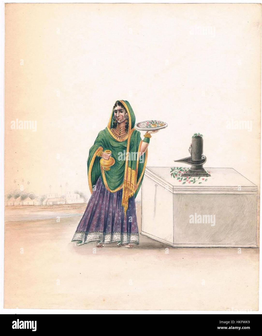 Dieses Gemälde zeigt eine Frau in traditioneller Kleidung, die an einem Shiva-Schrein verehrt und die spirituelle Atmosphäre der hinduistischen Anbetung einfängt. Das Kunstwerk hebt die Ehrfurcht vor Lord Shiva hervor, einer der Hauptgottheiten im Hinduismus, und die ruhige Umgebung des Schreins. Stockfoto Dieses Gemälde zeigt eine Frau in traditioneller Kleidung, die an einem Shiva-Schrein verehrt und die spirituelle Atmosphäre der hinduistischen Anbetung einfängt. Das Kunstwerk hebt die Ehrfurcht vor Lord Shiva hervor, einer der Hauptgottheiten im Hinduismus, und die ruhige Umgebung des Schreins. Stockfoto