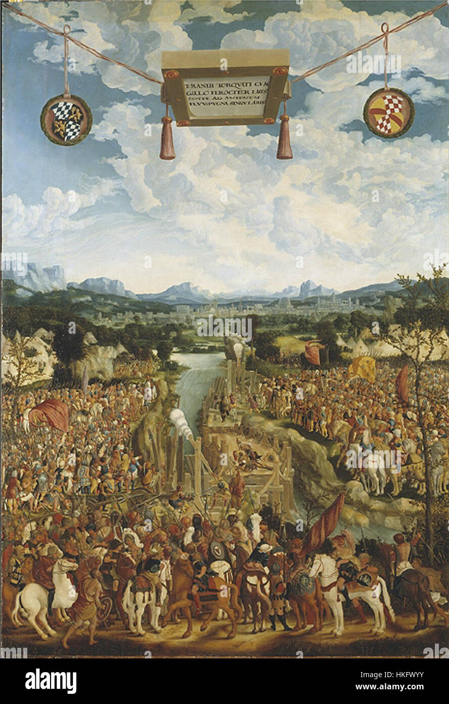 Das Gemälde zeigt einen dramatischen Moment aus der römischen Legende, in dem Manlius Torquatus, ein römischer General, in einem einzigen Kampf gegen einen Gallier kämpft. Diese Szene spiegelt die Werte der römischen Tapferkeit und Ehre in der Schlacht wider und zeigt Torquatos Heldentum während der Gallischen Kriege. Stockfoto