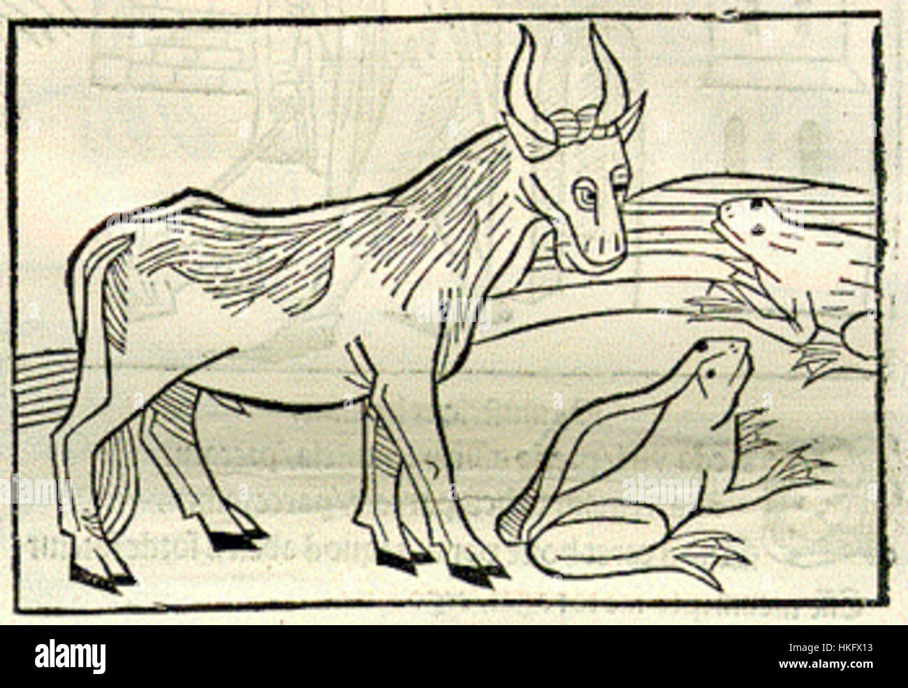 Eine Illustration von Steinhowel aus dem Jahr 1501 über Aesops Fabeln, die frühe europäische Holzschnitttechniken und den zeitlosen Reiz von Aesops moralischen Geschichten zeigt. Stockfoto