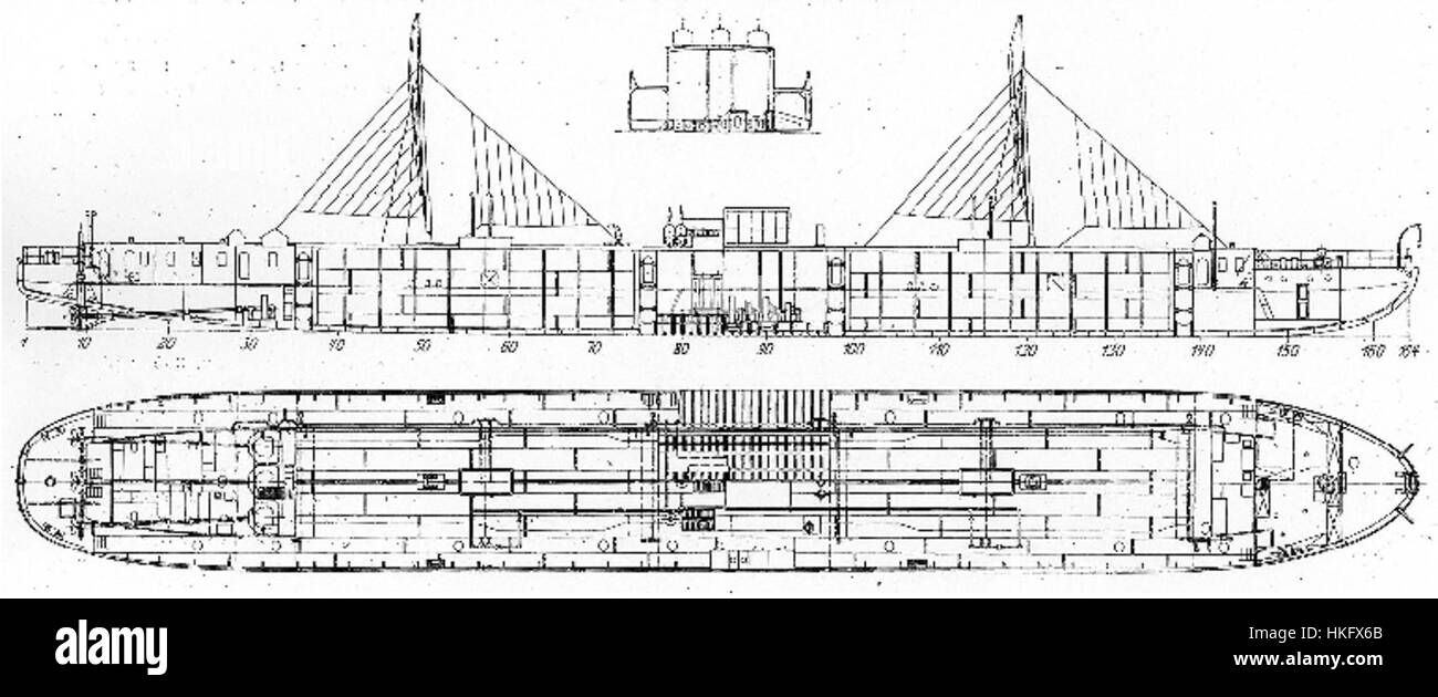 Die *Vandal* wurde 1903 auf den Markt gebracht und war eines der ersten dieselbetriebenen Flusstanker. Diese mechanischen Zeichnungen beschreiben das bahnbrechende Design und die frühe Verwendung im Kraftstofftransport. Stockfoto