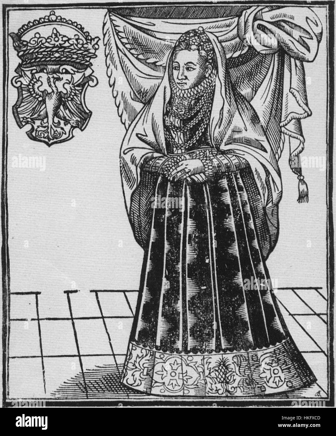 Dieses Gemälde zeigt Anna Jagiellonka, die Königin von Polen, in einem formalen Porträt. Das Kunstwerk fängt ihr königliches Aussehen und die würdevolle Präsenz eines Monarchen während der Renaissance ein. Stockfoto