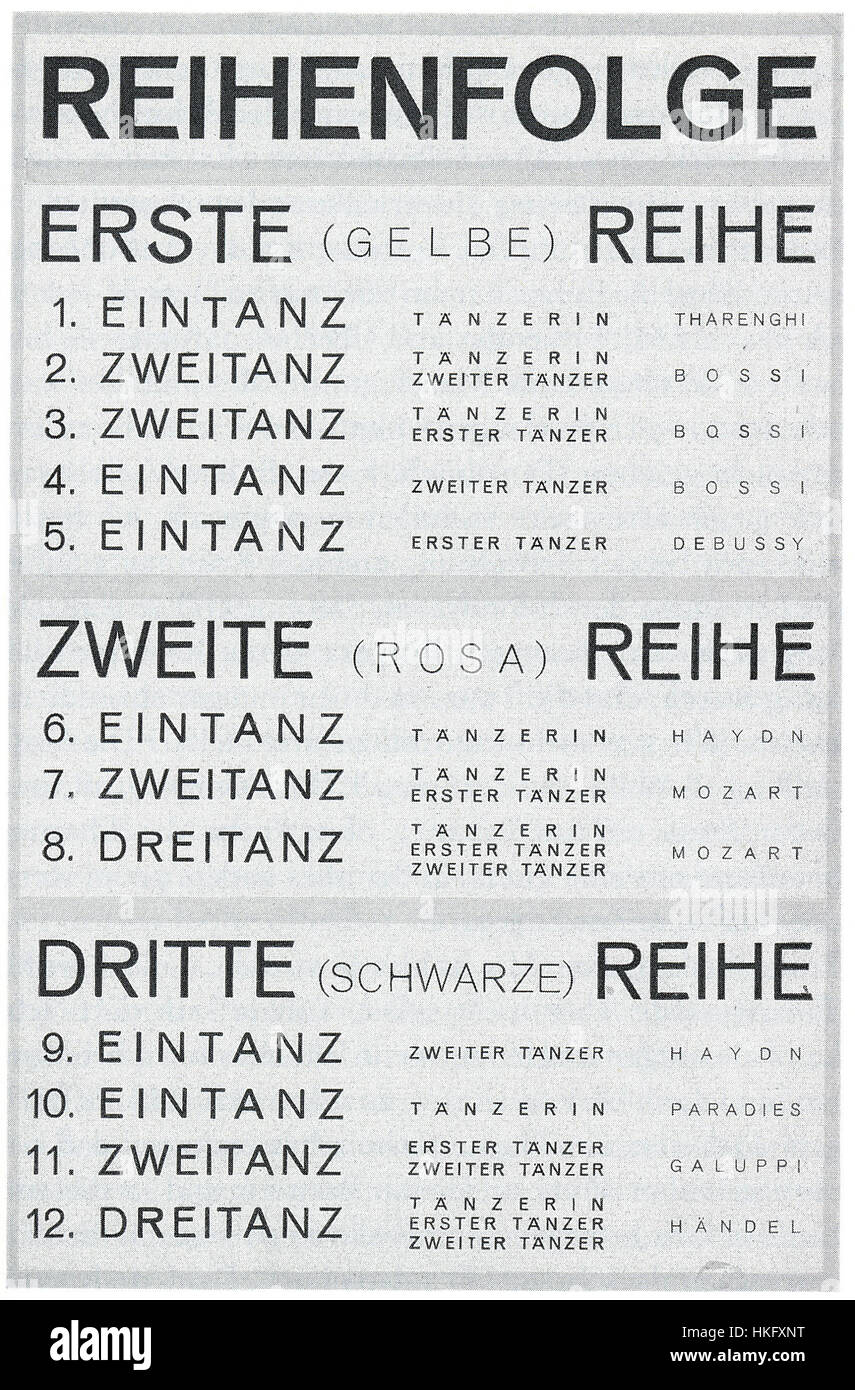 Der Programmflyer für das Triadische Ballett aus dem Jahr 1922 spiegelt den innovativen und avantgardistischen Charakter der Performance wider. Das Ballett, bekannt für seinen auffälligen visuellen Stil und seine abstrakte Choreografie, war ein wichtiger Bestandteil des Avantgardetheaters des frühen 20. Jahrhunderts. Stockfoto
