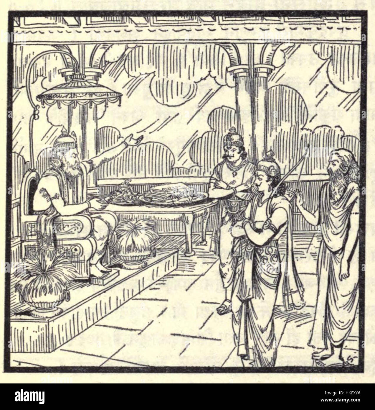 Die Geschichte von Vidura, der die Hochzeit von Draupadi erzählt, ein entscheidendes Ereignis im hinduistischen Epos Mahabharata, wobei die Schlüsselelemente der Erzählung betont und Viduras Weisheit präsentiert werden. Stockfoto