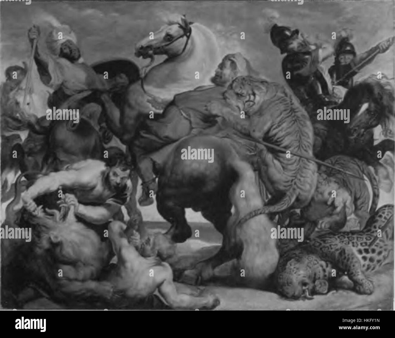 „Tiger, Lion, and Leopard Hunt“ von Rubenanium zeigt eine dramatische und dynamische Szene der Jagd auf wilde Großkatzen. Das Gemälde ist voller Action und zeigt die Wildheit der Tiere und die intensive Anstrengung der Jäger. Es ist ein Beispiel für die actionreiche Wildkunst aus dem 19. Jahrhundert. Stockfoto