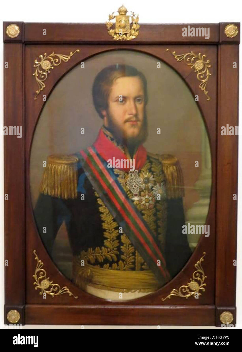 Dieses Ölporträt „Retrato de Don Pedro II“ von Louis Auguste Moreaux fängt den brasilianischen Kaiser Pedro II. In würdevoller und königlicher Weise ein. Das Gemälde zeigt die bedeutende Rolle des Kaisers in der politischen und kulturellen Geschichte Brasiliens im 19. Jahrhundert. Stockfoto