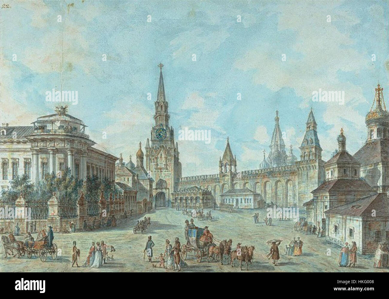 Fjodor Aleksejews „Blick auf den Iwanowskaja-Platz“ aus dem Jahr 1800-1802 fängt die Architektur und das urbane Leben Moskaus während des frühen 19. Jahrhunderts ein. Das Gemälde bietet einen detaillierten Blick auf den Platz und zeigt die lebhafte Atmosphäre der Zeit. Stockfoto