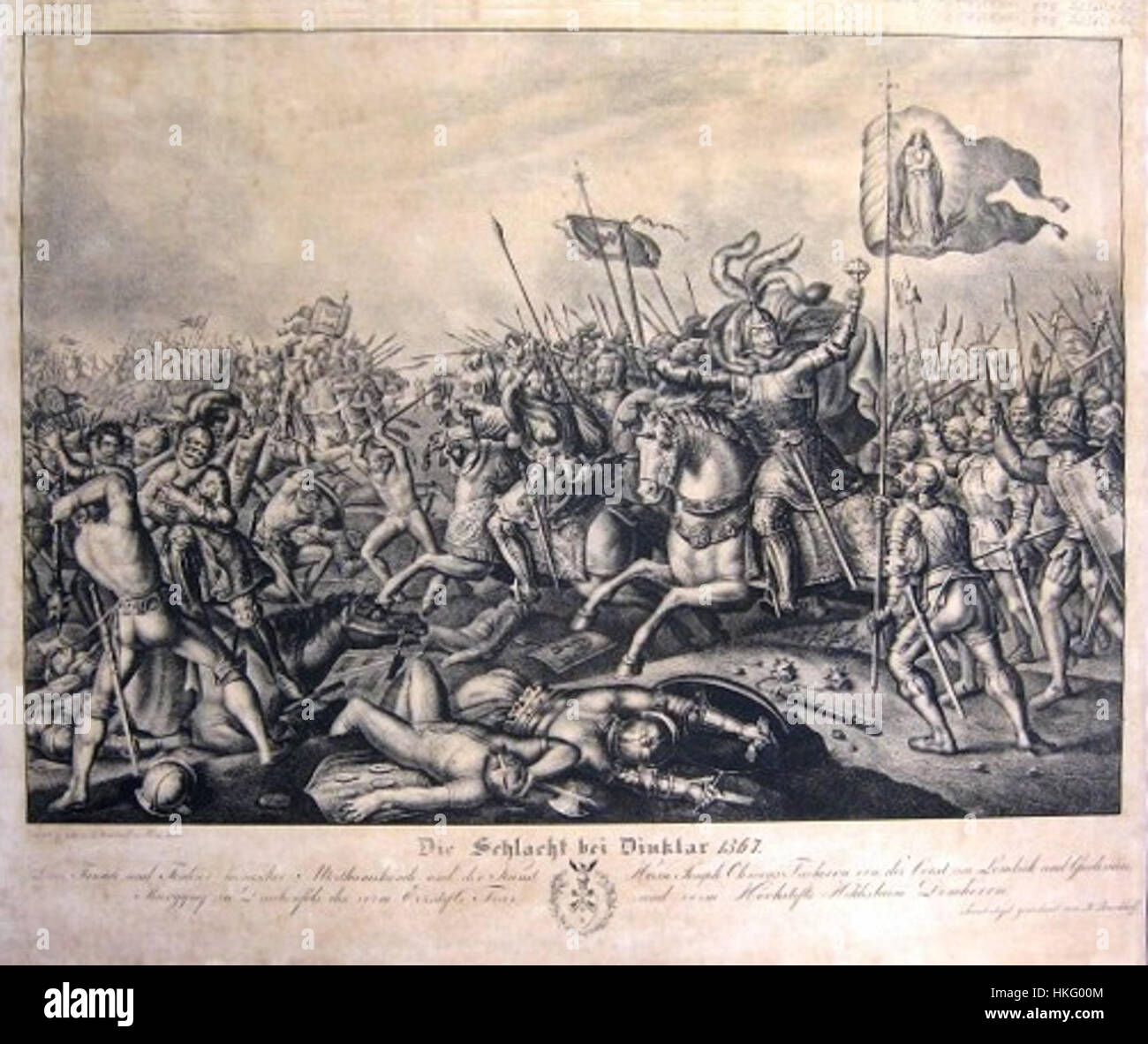 Ein historisches Gemälde, das die Schlacht bei Dinklar, ein bedeutendes Ereignis im Dreißigjährigen Krieg, darstellt. Das Kunstwerk fängt die Intensität der Schlacht und ihre militärische Bedeutung während des Konflikts ein. Stockfoto