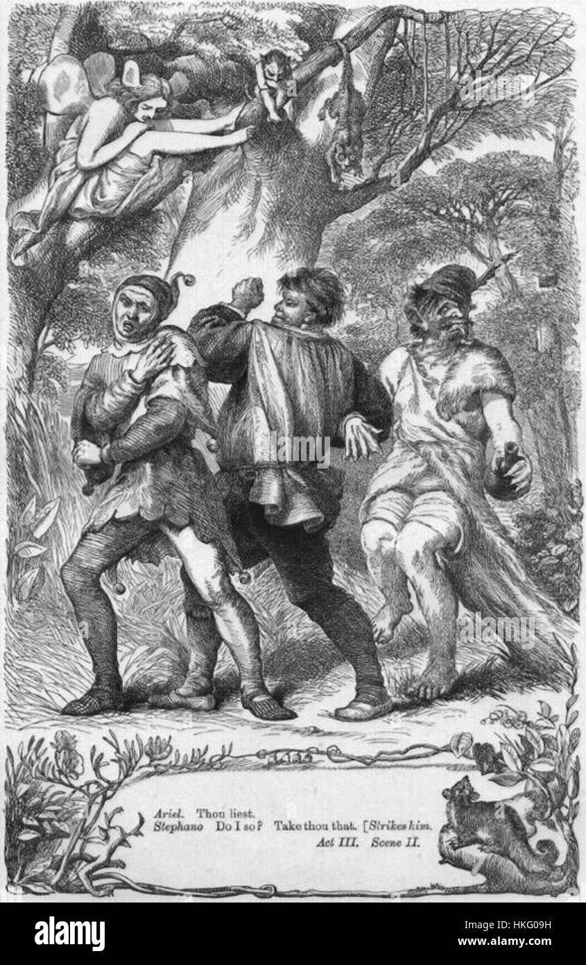 Dieses Artwork zeigt Schlüsselfiguren aus Shakespeares Stück der Sturm: Ariel, Trinculo, Stephano und Caliban. In einer dramatischen Szene verkörpern die Figuren die Themen des Spiels mit intensiven Ausdrücken und starker visueller Erzählung durch klassische Maltechniken. Stockfoto