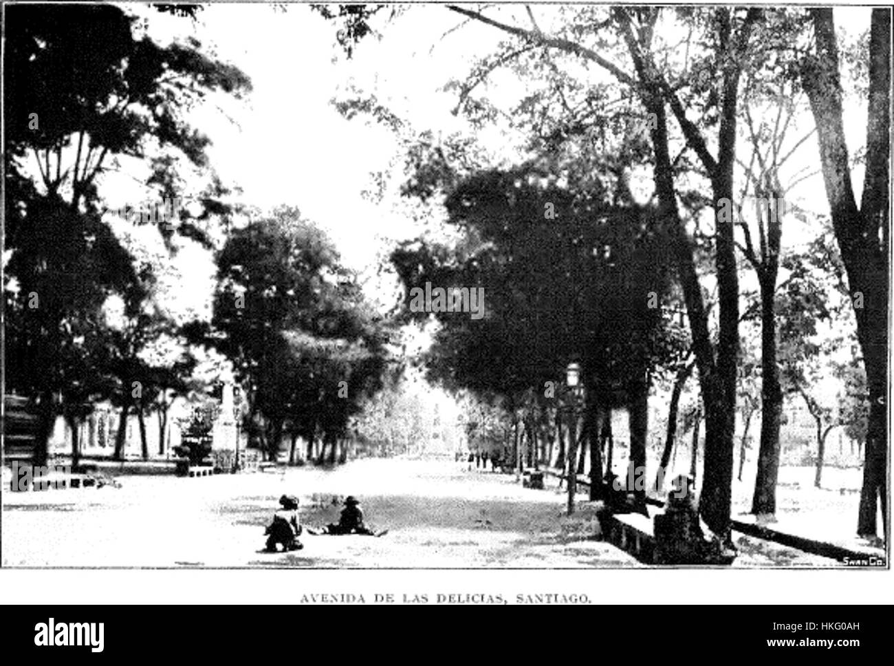 Dieses Kunstwerk zeigt die Alameda de las Delicias, eine bekannte Promenade in Sevilla, Spanien. Das Gemälde zeigt die üppigen Bäume und Gehwege, die die Schönheit und ruhige Atmosphäre dieses historischen Ortes betonen. Stockfoto