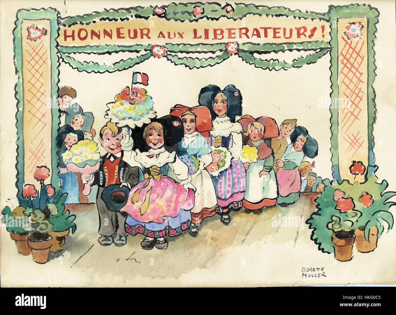 Dieses Gemälde, "Honneur aux Liberateurs", ehrt die Befreier und nimmt ihre Rolle bei der Befreiung Frankreichs während des Zweiten Weltkriegs ein. Das Kunstwerk ist eine Hommage an die Soldaten, die während des Konflikts für Freiheit und Unabhängigkeit gekämpft haben. Stockfoto