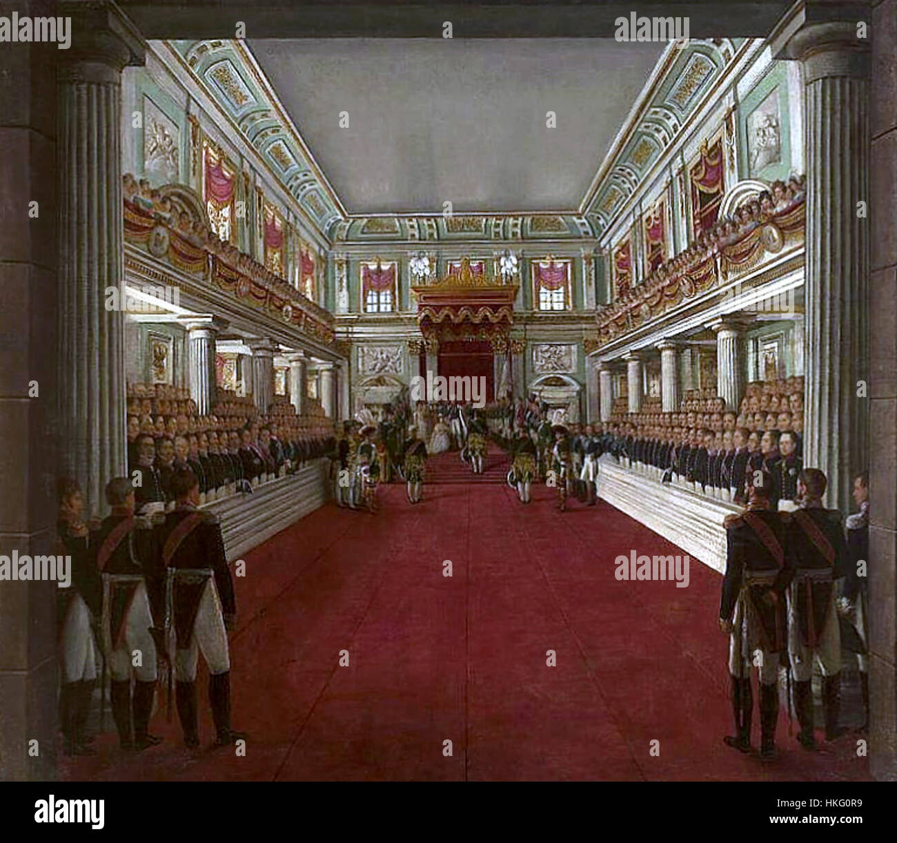 Dieses historische Gemälde zeigt die Krönung von Alexandra Feodorowna durch Nicolas I. von Russland im Jahr 1829 auf der Burg von Warschau, was einen bedeutenden Moment in der russischen Reichsgeschichte darstellt. Stockfoto