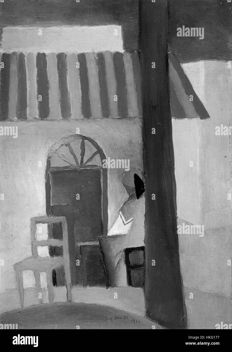 August Mackes 050, ein Graustufenbild, erforscht die emotionale Tiefe und Energie durch minimalistischen Farbgebrauch. Mackes Werk ist bekannt für seine lebendige Farbe, aber dieses Stück zeigt seine Fähigkeit, Stimmung ohne sie zu vermitteln. Stockfoto