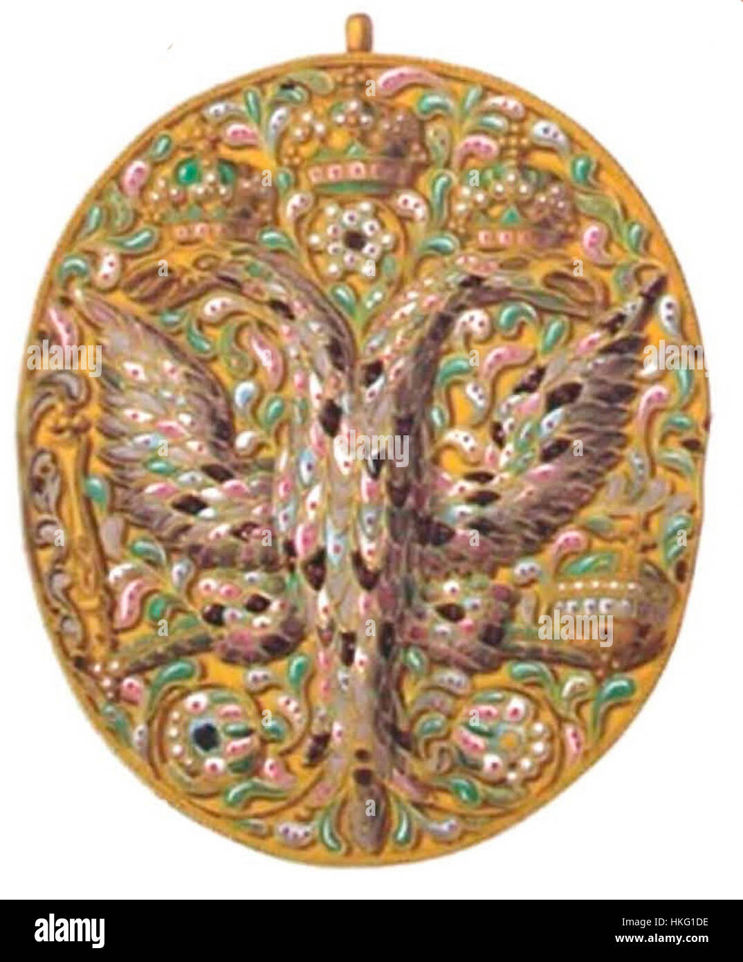 Eine Illustration mit dem Titel „Drevnosti RG v1 ill023a“, die eine detaillierte Darstellung antiker Artefakte zeigt. Das Stück bietet einen Einblick in die archäologischen Funde und zeigt komplizierte Entwürfe und Muster aus einer antiken Zivilisation. Stockfoto