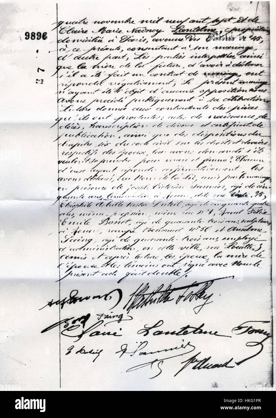 Das Akte de Mariage-Dokument dokumentiert die Ehe zwischen Lantelme und Edwards. Dieses historische Dokument dient als Zeugnis der ehelichen Aufzeichnungen und gesellschaftlichen Praktiken des 19. Jahrhunderts. Stockfoto