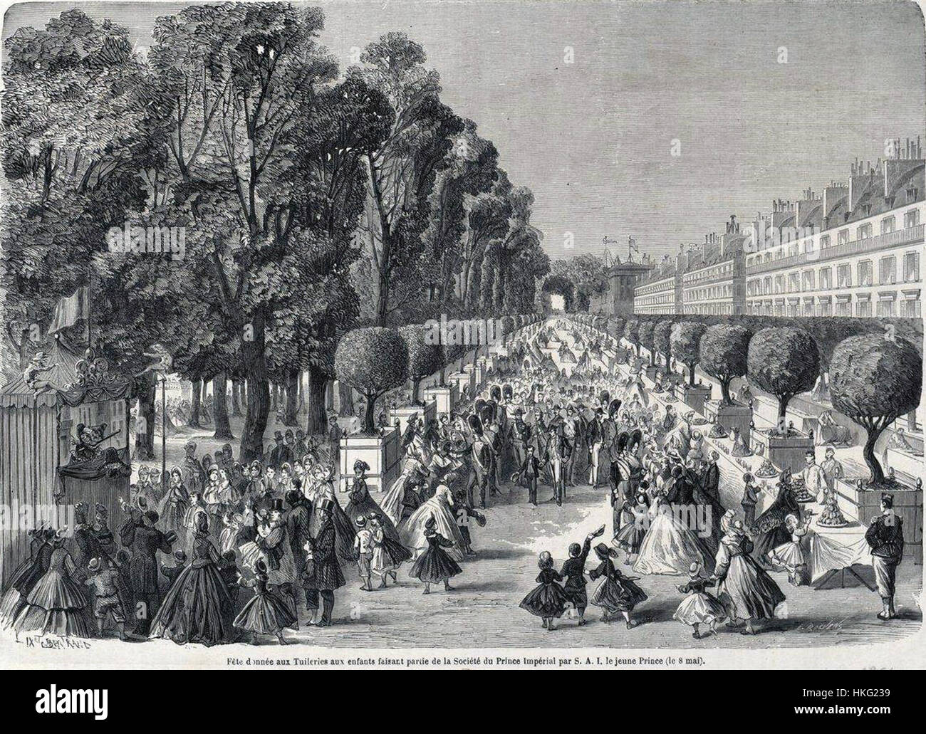 Die „Fête Imperiale“, die am 8. Mai 1864 im Jardin des Tuileries stattfand, war eine extravagante Kaiserfeier, die von der Société du Prince Impérial veranstaltet wurde. Die Veranstaltung war ein wichtiger Moment in der französischen kaiserlichen Geschichte, mit Festlichkeiten, die die Opulenz des Hofes Napoleons III. Zum Ausdruck brachten. Stockfoto
