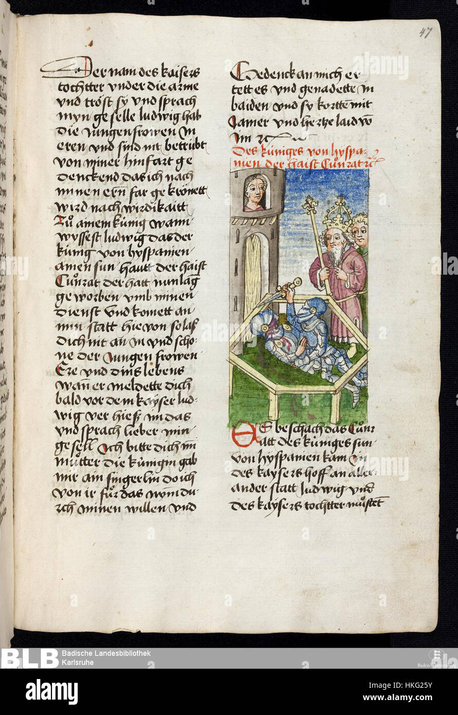 „Gesta Romanorum“, eine Handschrift aus Donaueschingen, zeigt künstlerische Darstellungen mittelalterlicher Geschichten. Die Seite 47r veranschaulicht den Stil dieser Zeit und bietet Einblicke in mittelalterliche Geschichten und bildende Künste. Stockfoto