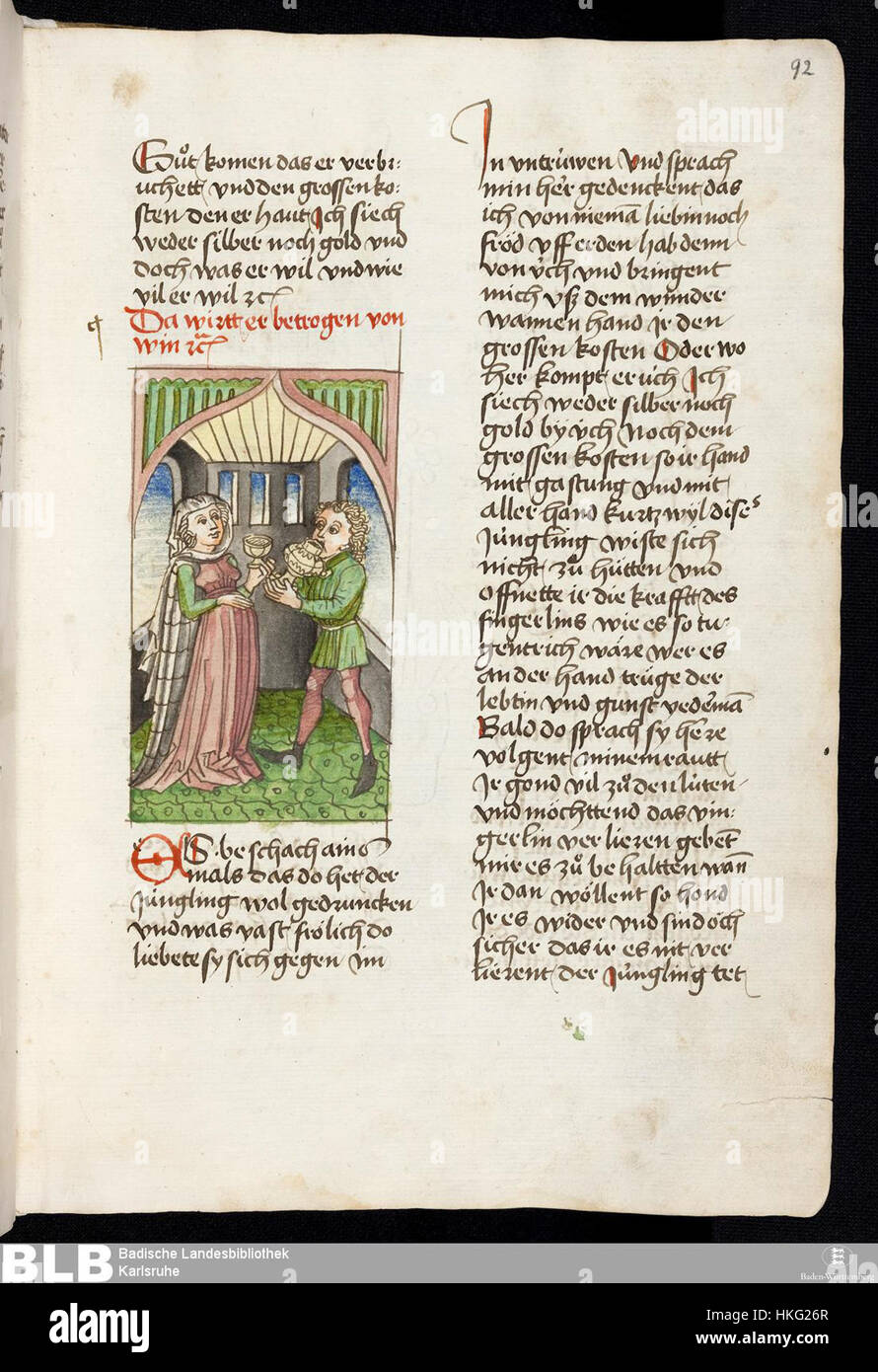 Die Handschrift „Gesta Romanorum“ (Donaueschingen 92r) ist eine mittelalterliche Sammlung moralischer Geschichten. Diese Seite aus dem Manuskript zeigt eine Illustration, die den Geschichten einen visuellen Kontext verleiht und die christliche Moral und Tugend betont. Stockfoto