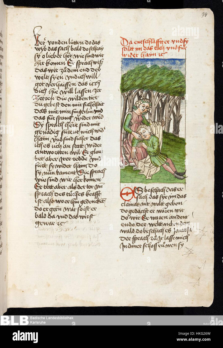 Eine Illustration aus der „Gesta Romanorum“, einer mittelalterlichen Sammlung von Geschichten, gefunden in der Donaueschinger Handschrift. Diese Seite (94r) ist eine visuelle Darstellung des Textes und zeigt die Kunst der mittelalterlichen Buchbeleuchtung und des Erzählens. Stockfoto