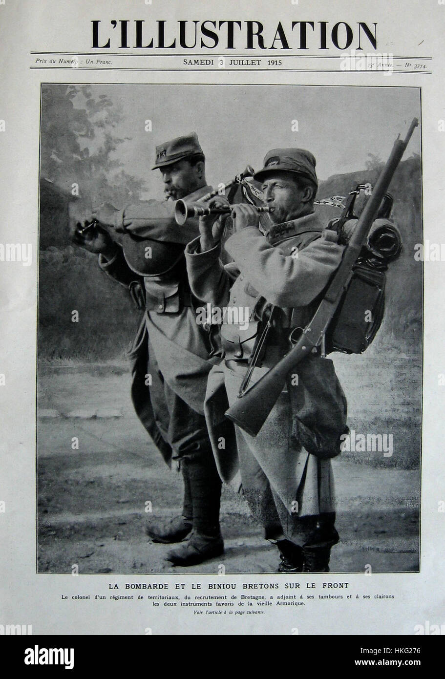 Das Cover des Magazins L'Illustration vom 3. Juli 1915 zeigt eine historische Szene aus dem Ersten Weltkrieg. Dieses Vintage-Cover-Kunstwerk fängt das Wesen der Zeit ein und zeigt Kunst aus Kriegszeiten und visuelle Berichte. Stockfoto