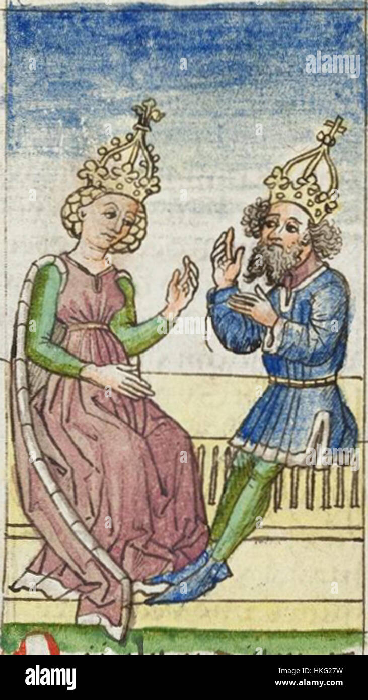 Dieses Gemälde stellt eine Szene aus der „Gesta Romanorum“ dar, einer Sammlung mittelalterlicher Geschichten. Es zeigt eine historische Erzählung aus römischer Zeit und zeigt allegorische und moralische Geschichten, die in der mittelalterlichen Literatur üblich waren. Stockfoto