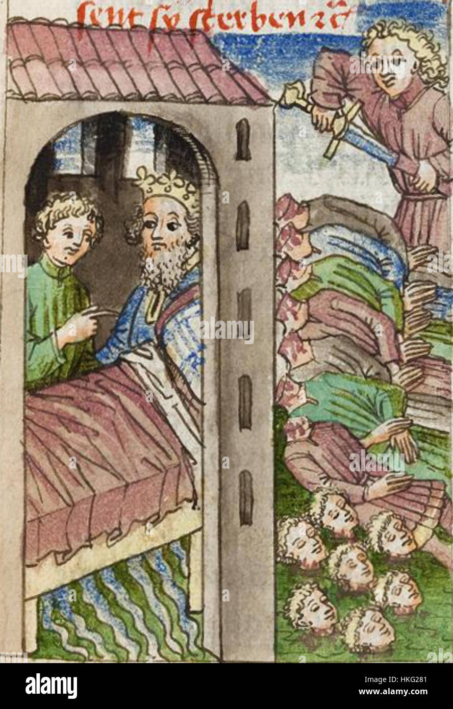 Diese Illustration aus der Gesta Romanorum Donaueschingen ist eine mittelalterliche Handschrift, die eine visuelle Darstellung von Geschichten und Legenden aus der römischen Geschichte bietet. Das Bild vermittelt den mittelalterlichen künstlerischen Stil, mit dem historische Erzählungen erzählt wurden. Stockfoto