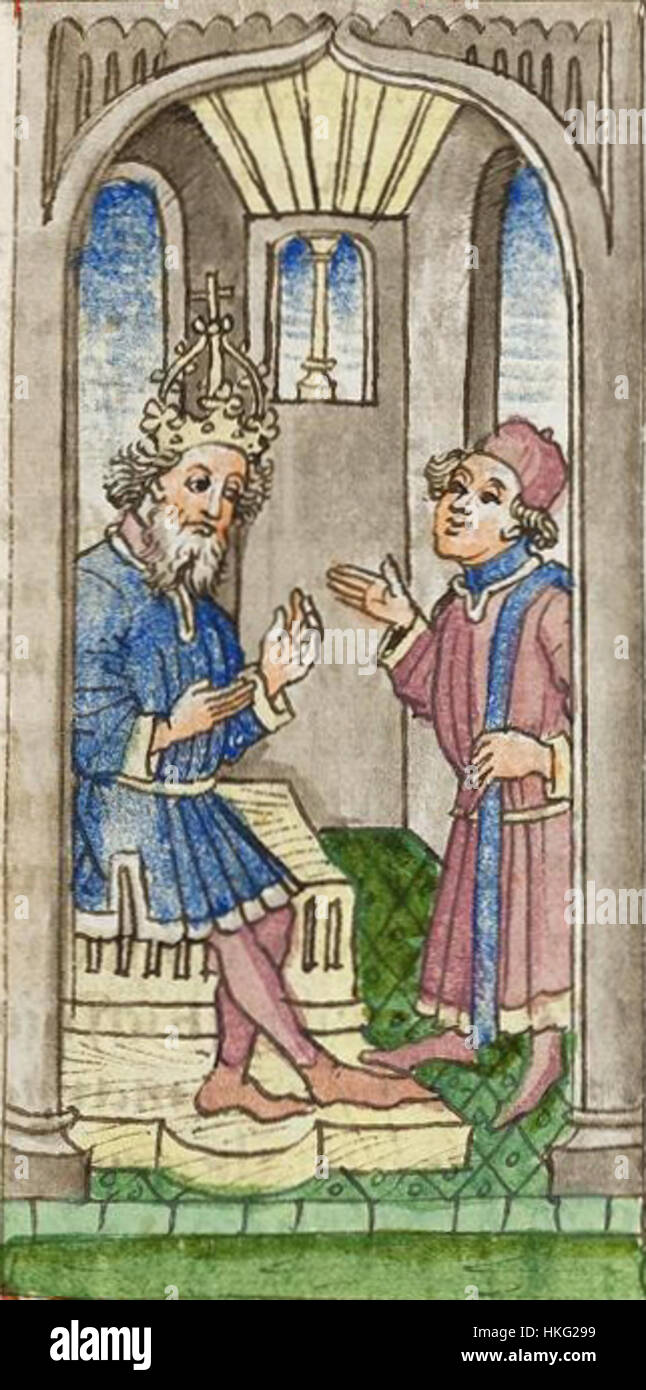 Bild 39r aus dem Manuskript „Gesta Romanorum“ in Donaueschingen zeigt eine komplexe Illustration mittelalterlicher Geschichten. Die Handschrift ist ein bedeutendes Beispiel mittelalterlicher Literatur und Kunst und bewahrt Geschichten aus der römischen Zeit mit lebendigen visuellen Elementen. Stockfoto